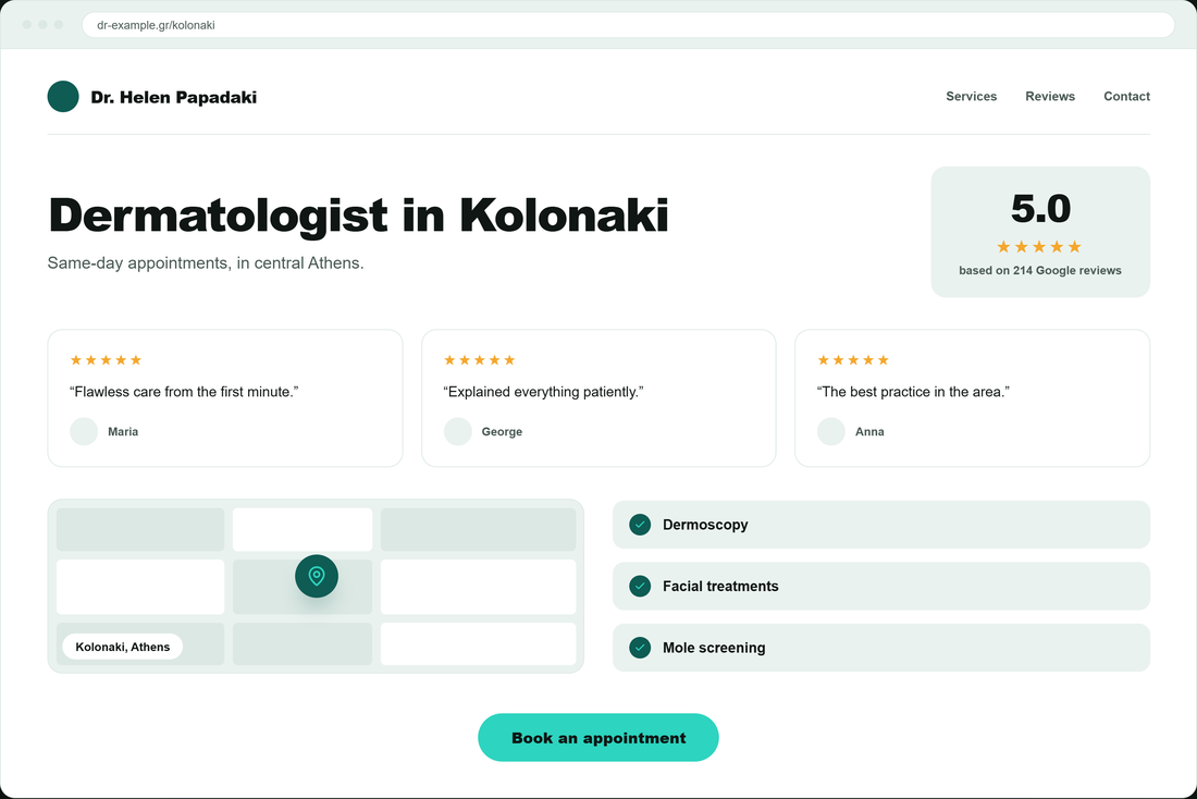An example local page on its own domain: heading “Dermatologist in Kolonaki”, a 5.0 rating from 214 Google reviews, three five-star reviews, an area map and a list of services