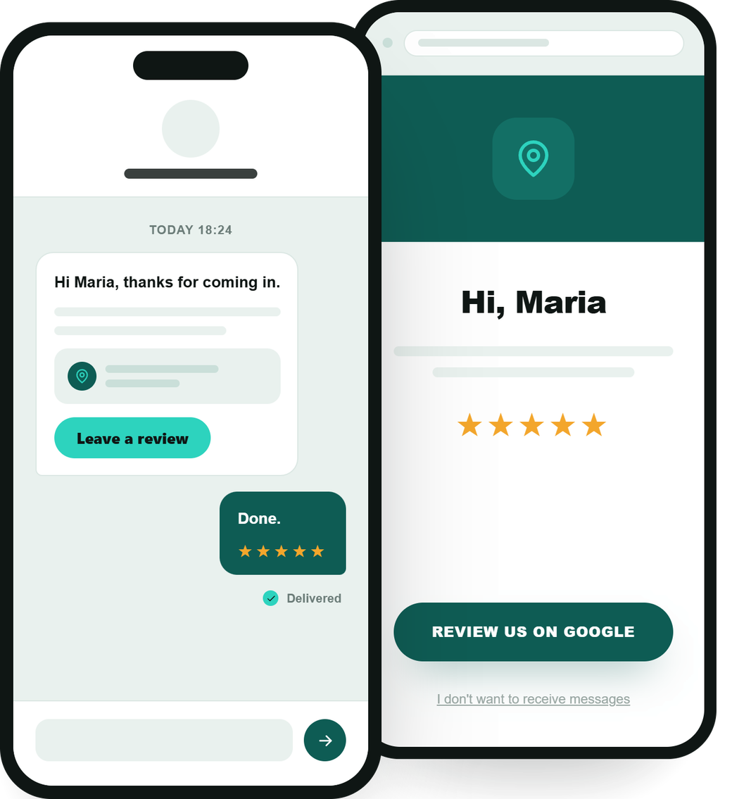 A phone showing the SMS review request and, next to it, the review page with the button through to Google